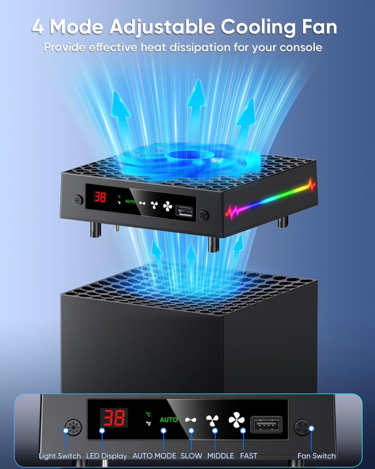 🔥 GlowNest RGB Cooling Stand for Xbox Series X – 9 Light Modes & Temp Display