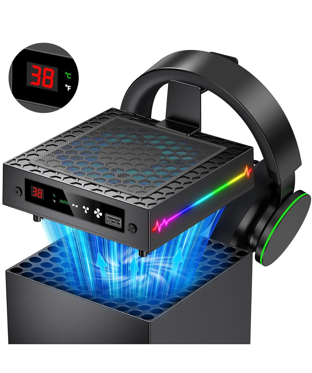 🔥 GlowNest RGB Cooling Stand for Xbox Series X – 9 Light Modes & Temp Display